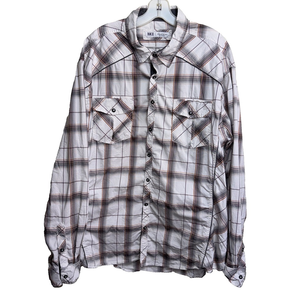 BKE Men L Plaid Western Snap Shirt Long Sleeve Cotton Blend Casual Yoke OffWhite